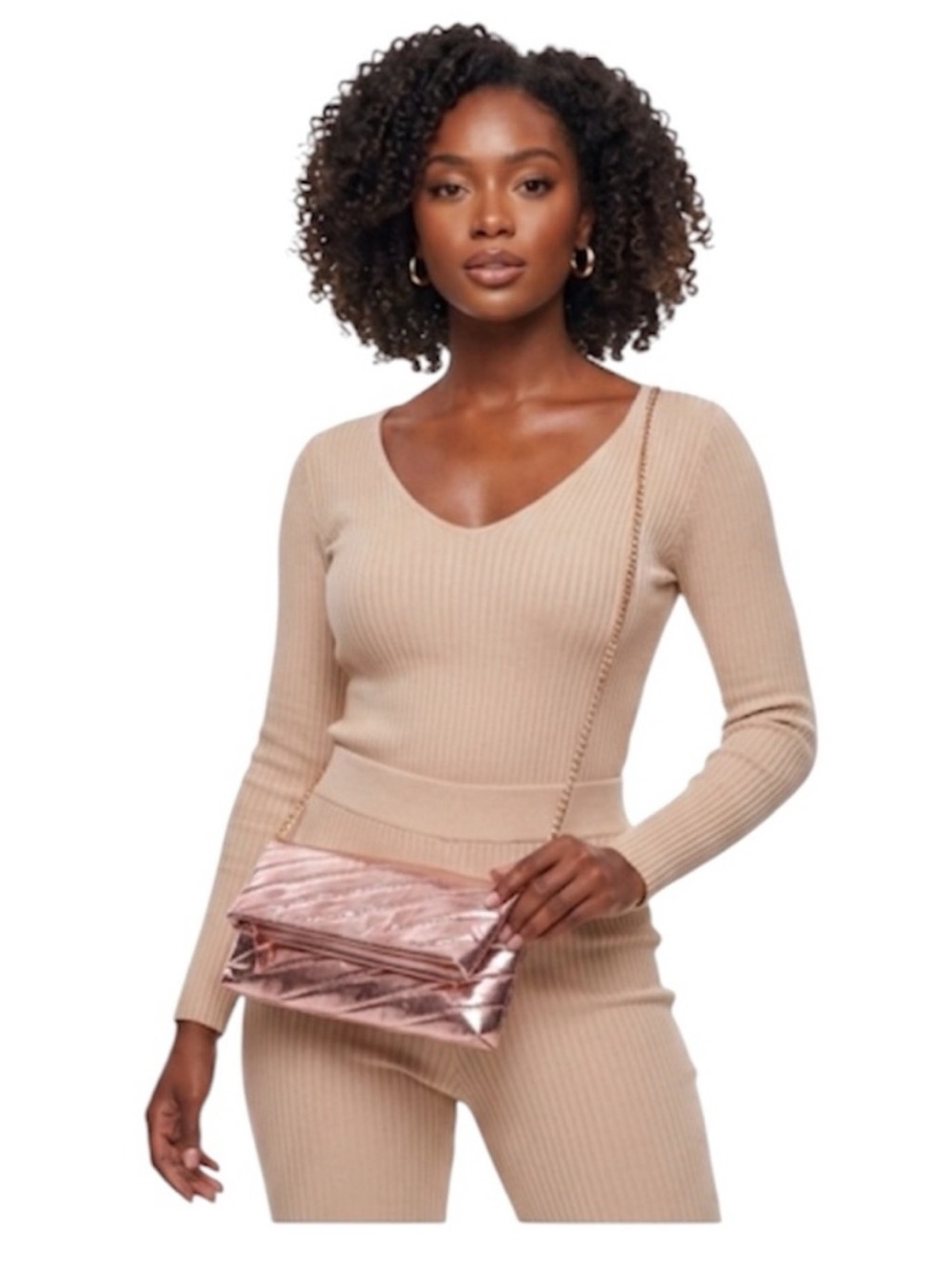 New-Rose Gold Quilted Clutch with Gold Crossbody Chain Strap